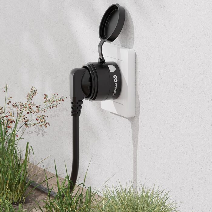 Бездротові розетки conecto з дистанційним керуванням назовні, 2300 Вт, 230 В, 1 х розетка з бездротовим пультом, зовнішній комплект, IP44, енергозбереження, радіус дії 30 м, чорний