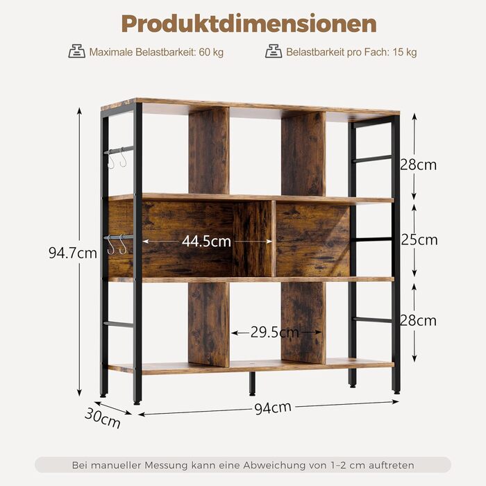 Книжкова полиця ELUCHANG, окремостояча полиця з 8 відділеннями, 3-рівнева полиця з безкоштовними гачками, для вітальні, спальні, кабінету, кухні, 30x94x95 см, вінтажний коричнево-чорний