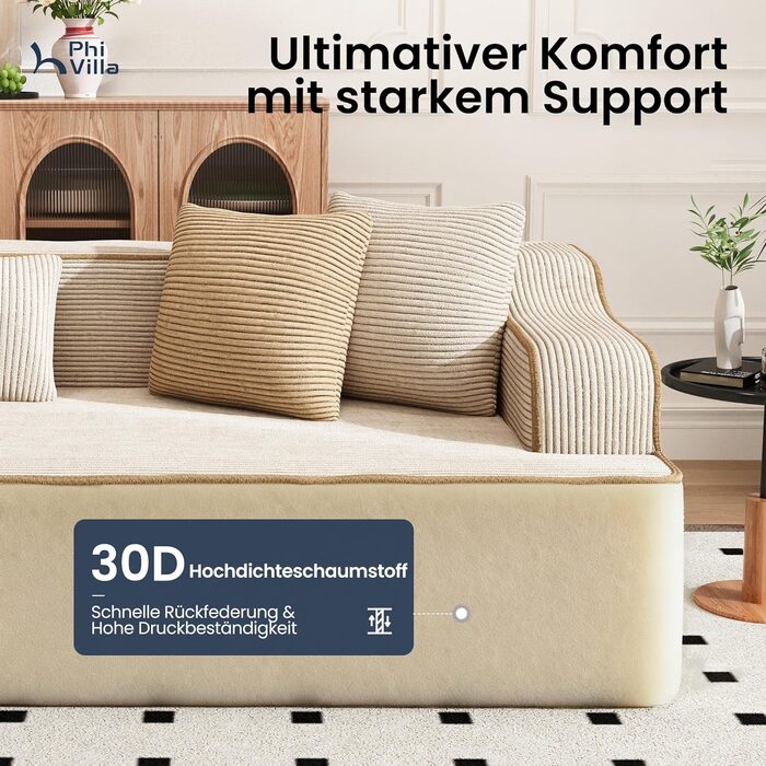 Кутовий диван PHI VILLA зі сном, Cloud, безкістковий диван, 5-місний L-подібний модульний диван для вітальні, вельвет, не потребує складання, бежевий, 5-місний, бежевий