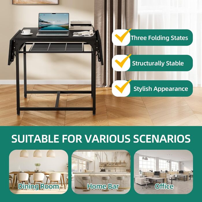 Розкладний обідній стіл YITAHOME, розсувний відкидний стіл з тримачем для зберігання та 4 регульованими ніжками, для 2-6 осіб, 120 x 78 x 75 см, чорний