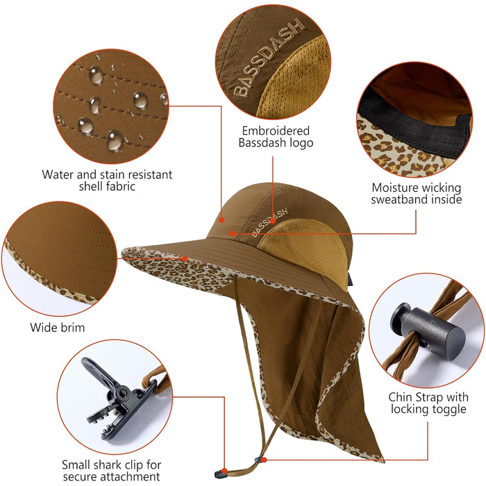 Унісекс сонцезахисний капелюх Bassdash, UPF 50, рибальський капелюх, водовідштовхувальний, з широкими полями та великим захистом шиї, хвіст, чоловічий/жіночий, один розмір, карамельний/леопардовий