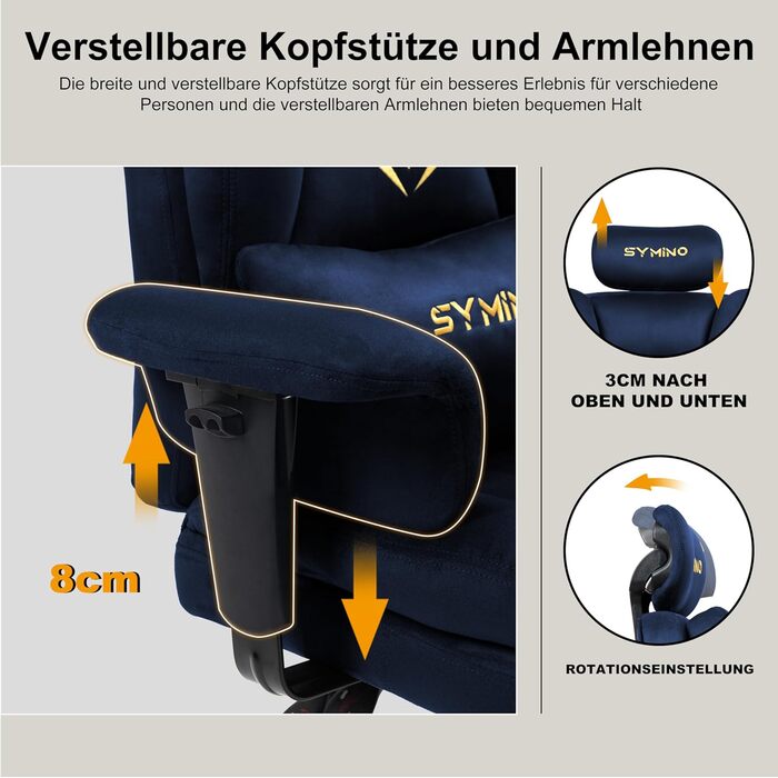 Ігрове крісло Symino, крісло керівника, офісне крісло, ергономічне, штучна замша, крісло-диван з підставкою для ніг, офісне крісло з регульованою висотою, комп&39ютерне крісло, 130 кг, темно-синій колір, штучна замша / темно-синій