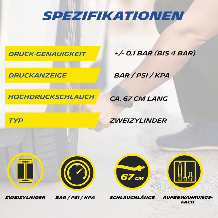 Ножний насос, двоциліндровий MICHELIN, 67 см, 4 бар / 58 PSI, сталь/гума/пластик, чорний