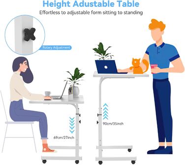 Стіл для ноутбука 60x40 см з колесами, регульована висота 69-90 см, письмовий стіл, комп&39ютерний стіл, мобільний стоячий стіл, столик над ліжком, поворотна стільниця на 360, бічний столик для дивана, білий 60x40 см C-white