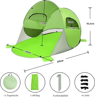 Пляжний намет GYMAX Pop-Up для 3-4 осіб, автоматичний пляжний намет із захистом від ультрафіолету 50, розкладний намет із дверима на блискавці та вентиляційним вікном, у комплекті сумка для перенесення, для кемпінгу на пляжі, зелений