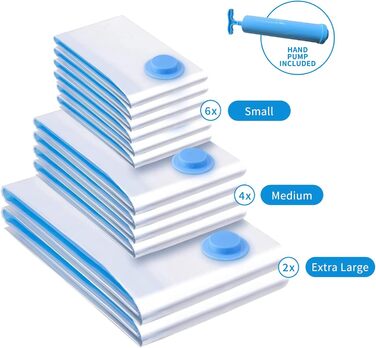 Вакуумні пакети для одягу Ersozrin 12 шт. з герметичним клапаном і ручним насосом вакуумні (6x50x70см/4x60x80см/2x80x100см) Вакуумні пакети для одягу економлять місце