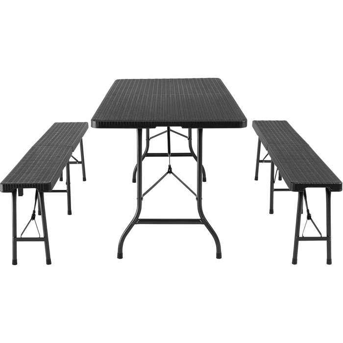 Комплект садових меблів tectake з 3 предметів, складаний кемпінговий стіл з 2 пивними лавками, балконні меблі, комплект садових або патіо столів, комплект пивного намету, з ручками для перенесення, довжина 180 см (чорний) Чорний (імітація ротанга)