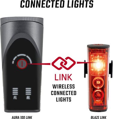 Комплект велосипедних ліхтарів SIGMA Aura 100/Blaze Link (силіконове кріплення) Інноваційна функція з&39єднання та автоматичне регулювання освітлення Передній світлодіодний велосипедний ліхтар з яскравістю 100 люкс Задній ліхтар з функцією стоп-сигналу