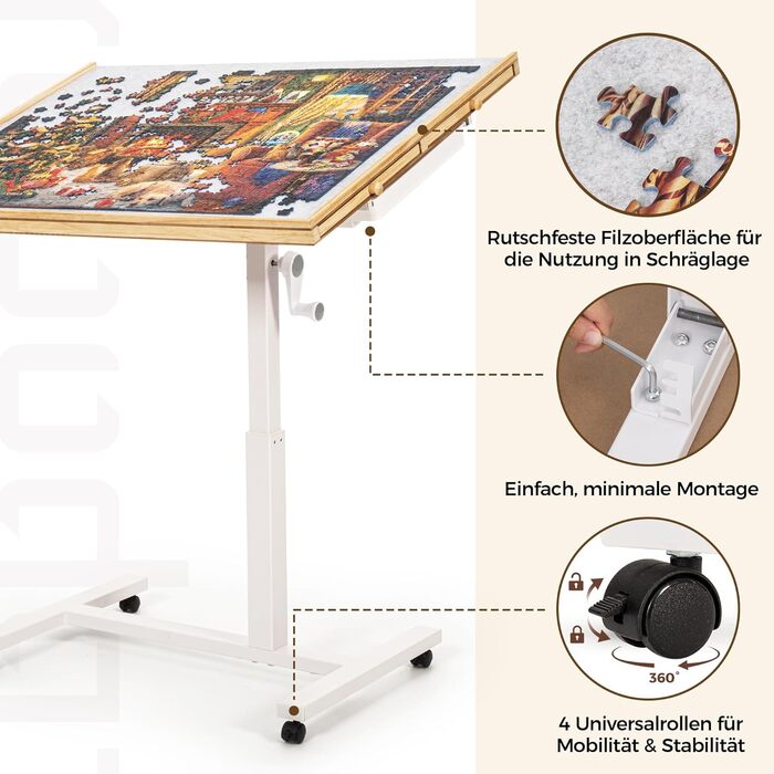 Стіл-пазл на 1500 елементів, стіл-пазл з 6 шухлядами та однією основою, дошка-пазл з регулюванням висоти та 4-рівневим регулюванням нахилу, стіл-пазл з кришкою та 4 колесами, 89 x 68 см