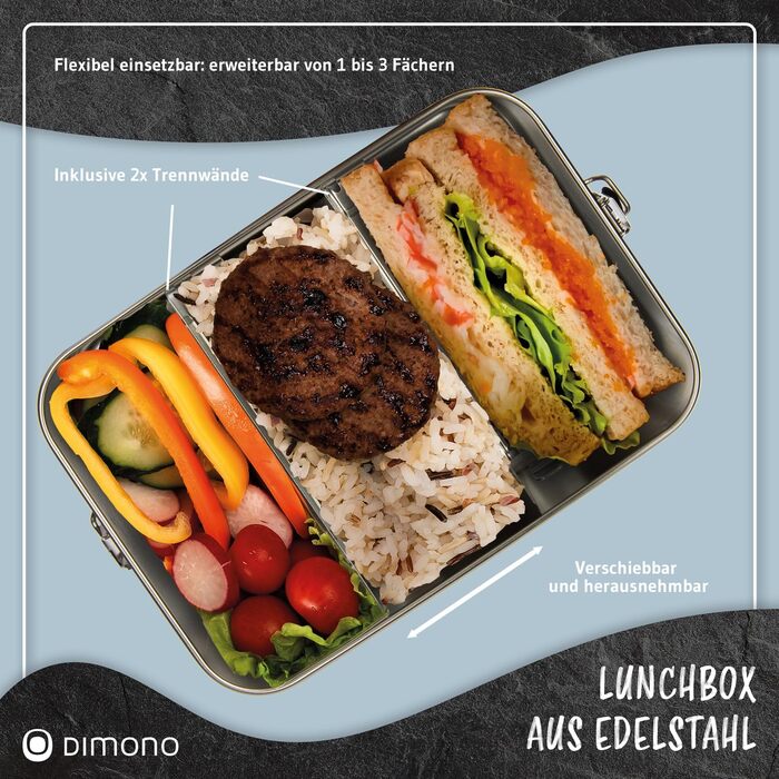 Ланчбокс Dimono, герметична коробка для бенто 1400 мл, нержавіюча сталь водонепроникний, екологічний контейнер з відділеннями та ущільнювачами, місткість 1400 мл