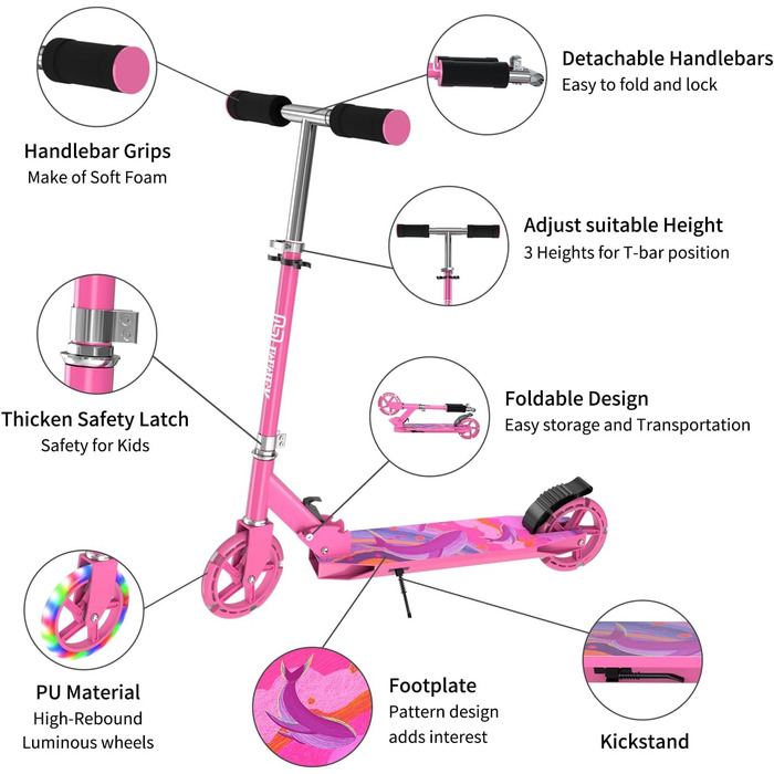 Колісний дитячий самокат, складний дитячий самокат, світлодіодне легке PU колесо, регульований по висоті дитячий самокат, максимал