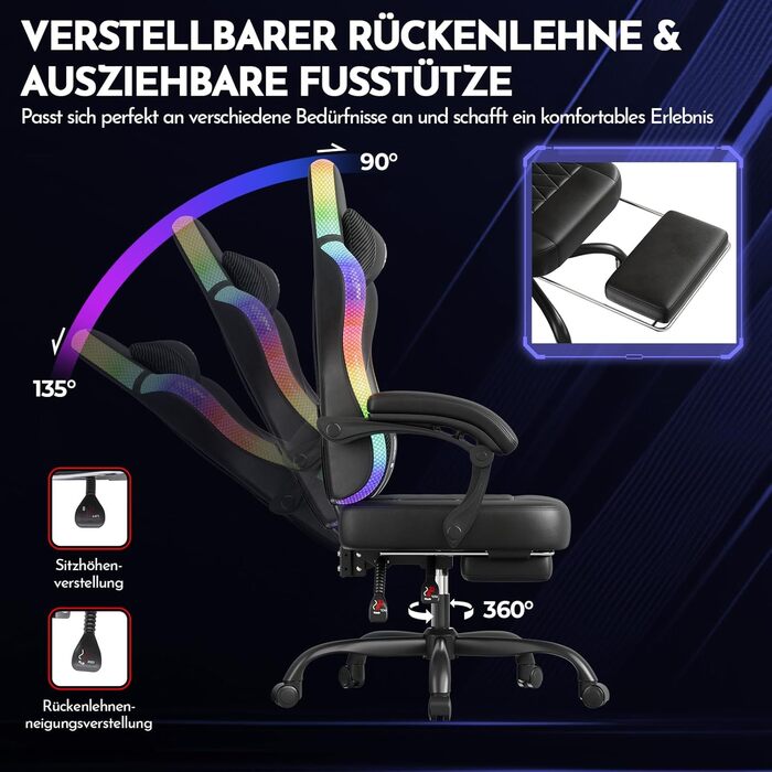 Ігрове крісло GTPLAYER, офісне крісло, ігрове крісло зі світлодіодною стрічкою, геймерське крісло, спинка з кишенею для зберігання, ергономічне комп&39ютерне крісло з пультом дистанційного керування