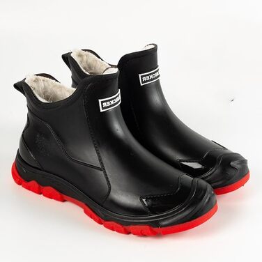 Водонепроникні гумові чоботи Pangolin з теплою підкладкою, чоботи-челсі з ПВХ для саду та щоденного використання, нековзка гумова підошва з протектором, короткі гумові чоботи для жінок та чоловіків, чорно-червоні, розмір ЄС 40