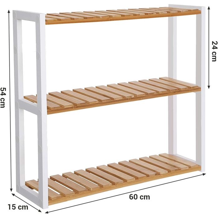 Полиця для ванної кімнати SONGMICS, бамбукова полиця, полиця для рослин з 3 регульованими полицями, настінна, окремостояча, для вітальні, коридору, кухні, 60 x 15 x 54 см, натуральний та білий BCB13WN білий натуральний