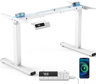 Каркас столу з регулюванням висоти, 2 потужними двигунами, 3 налаштуваннями пам&39яті та нагадуванням про можливе кріплення сидячи/встаючи, функцією захисту від зіткнень, вантажопідйомністю 150 кг, портом USB-C, 2 гачками, білий колір