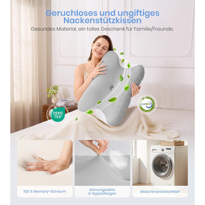 Подушка з піни з ефектом пам&39яті, ортопедична подушка для шиї 2 в 1, ергономічна подушка для підтримки шиї, регульована по висоті подушка для сну на боці, спині та животі, 60x41,5x10/12 см, білого та сірого кольорів