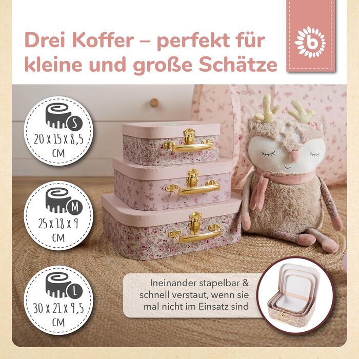Дитячий набір валіз Bieco з 3 предметів &quotЕлла Мрійливі квіти&quot Картонні валізи Іграшкові валізи для дітей, декор для подорожей, рожевий