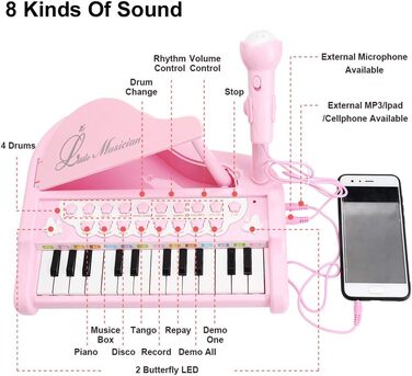 Клавішні для дітей від 1 2 3 років - Дитяче піаніно від 1 2 3 років - Клавіатура для піаніно з мікрофоном - Музичні інструменти для дітей від 1 2 років - AmyBenton Pink