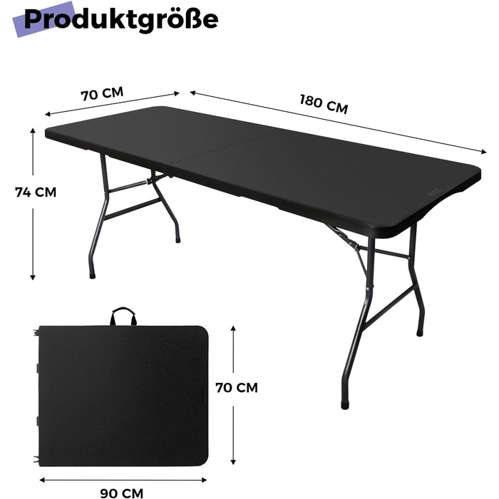 Складаний стіл, 180 см, портативний, міцний, пластиковий, розкладний, для використання в приміщенні та на вулиці, для кемпінгу, пікніків та вечірок (чорний)