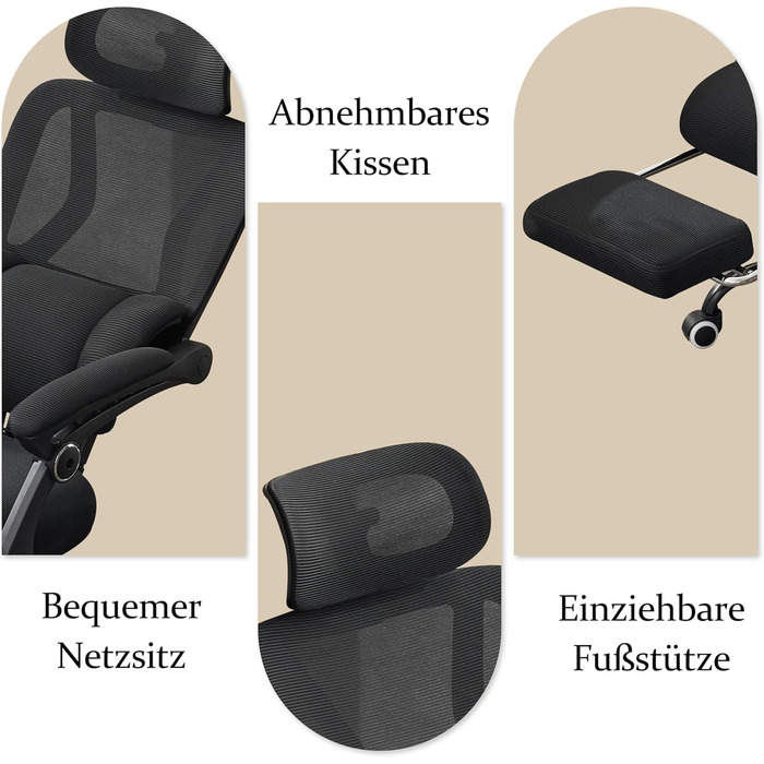 Ергономічне офісне крісло UEV з підставкою для ніг, чорне, крісло для домашнього офісу, обертове крісло, письмове крісло, нахил до 135, регулювання висоти, вантажопідйомність до 150 кг, повітропроникна тканина, для домашнього офісу