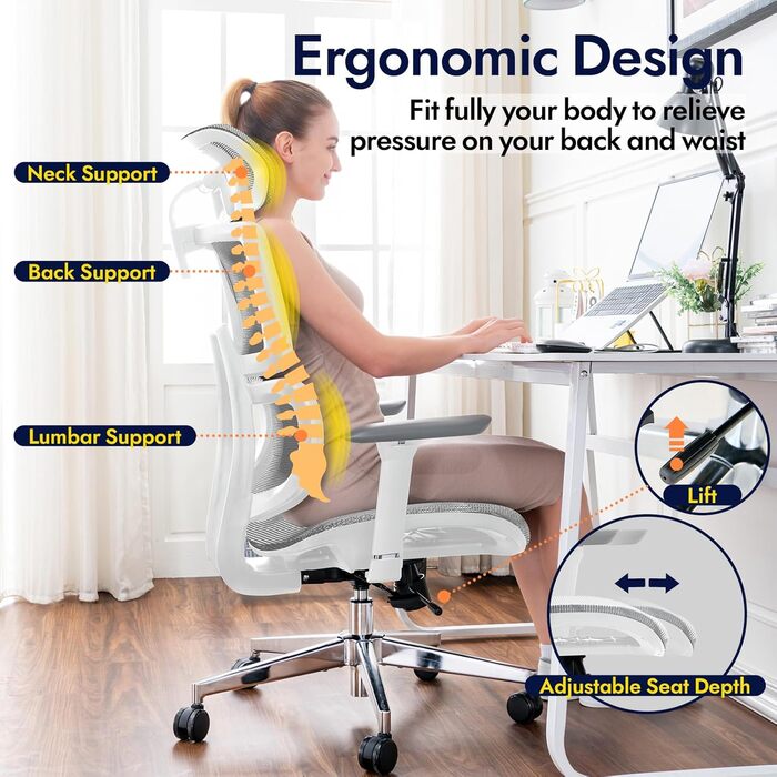 Ергономічне офісне крісло, висока спинка з сітчастого покриття та поперековою опорою, ігрове крісло з регульованими 3D-підлокітниками та підголівником, велике та високе обертове комп&39ютерне крісло, білий колір, 150 кг