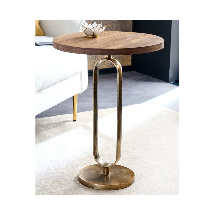 Бароковий журнальний/приставний столик, круглий, із золота, латуні та дерева манго, античний вигляд, стиль бароко, репродукція, висота 60 см