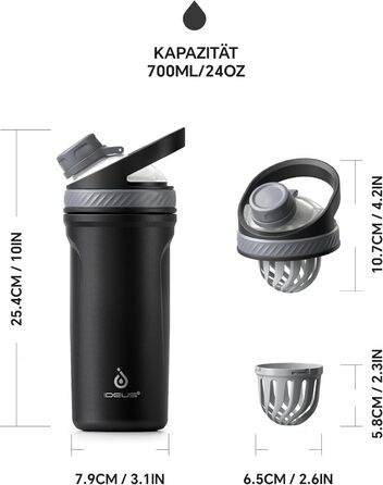 Протеїнова пляшка Ideus Shaker 700 мл (24 унції), двостінна спортивна пляшка з нержавіючої сталі з кулькою для змішування, металева протеїнова пляшка з кулькою для змішування, без BPA, герметична кришка (чорна)