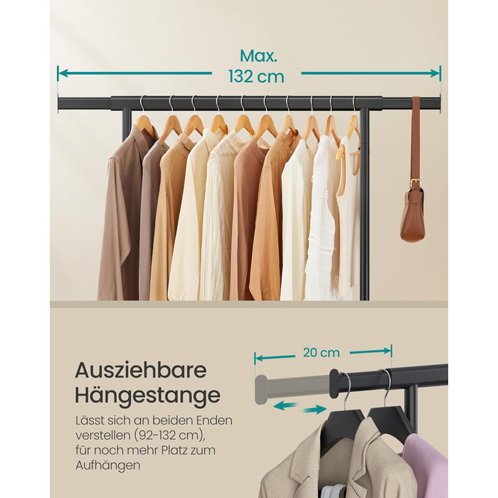 Вішалка для одягу на колесах, Міцна підставка для гардеробу, Розсувна вішалка для одягу, Вантажопідйомність до 100 кг, Легке складання, Портативна, Чорний HSR13BKV1 Чорний (92-132)Ш см