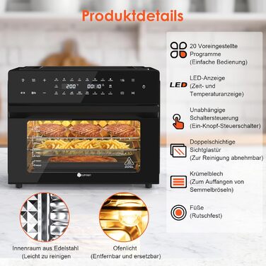 Аерофритюрниця LLIVEKIT 30 л XXL, міні-духовка з конвекцією з 20 програмами та 9 аксесуарами, міні-духовка зі світлодіодним сенсорним екраном, фритюрниця без олії з оглядовим вікном, два режими приготування, книга рецептів, 80C-230C