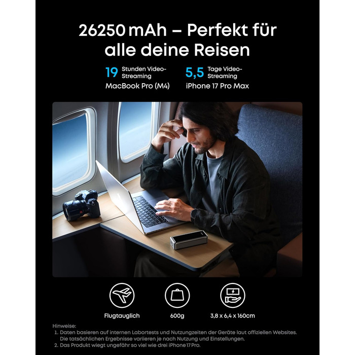 Портативний зарядний пристрій Anker Prime Power Bank, 26250 мАг, з 3 портами та вихідною потужністю 300 Вт, двонаправлена зарядка, схвалено TSA, керування за допомогою застосунку, для MacBook, iPhone серії 17/16 та інших (без зарядної бази) 26250 мАг 300 