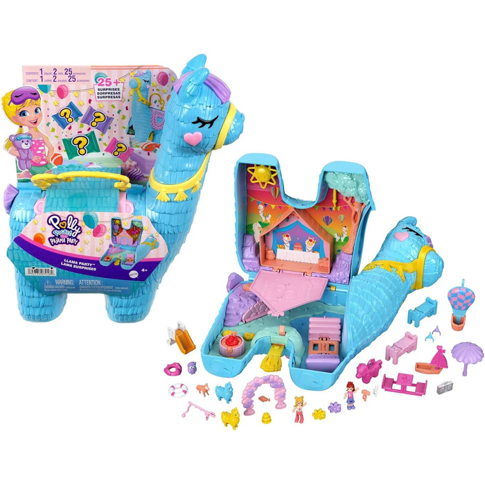 Поллі Кишенькова коробка, лама в піжамі на тему вечірки, з 25 аксесуарами, такими як 2 ляльки та 2 лами, інтерактивні елементи для