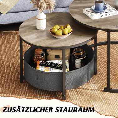 Набір з 2 круглих журнальних столиків WLIVE, сучасний круглий стіл для вітальні, бічний столик з тканинним кошиком, діаметр 80 см, журнальний столик для спальні, домашнього офісу (сірий дуб)