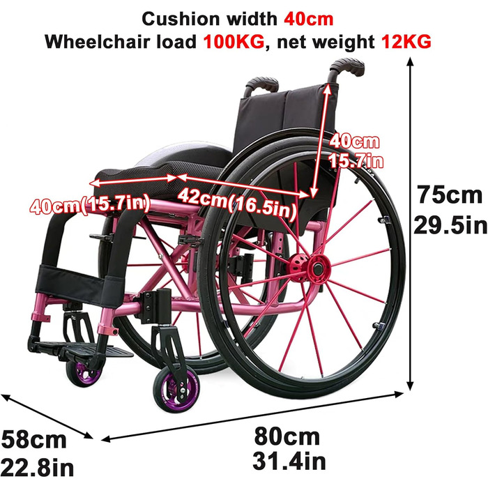 Легка спортивна інвалідна коляска Sunyongfly з підйомною підставкою для ніг Алюмінієве крісло підходить для інвалідів, дорослих і людей похилого віку (ширина подушки 40 см)
