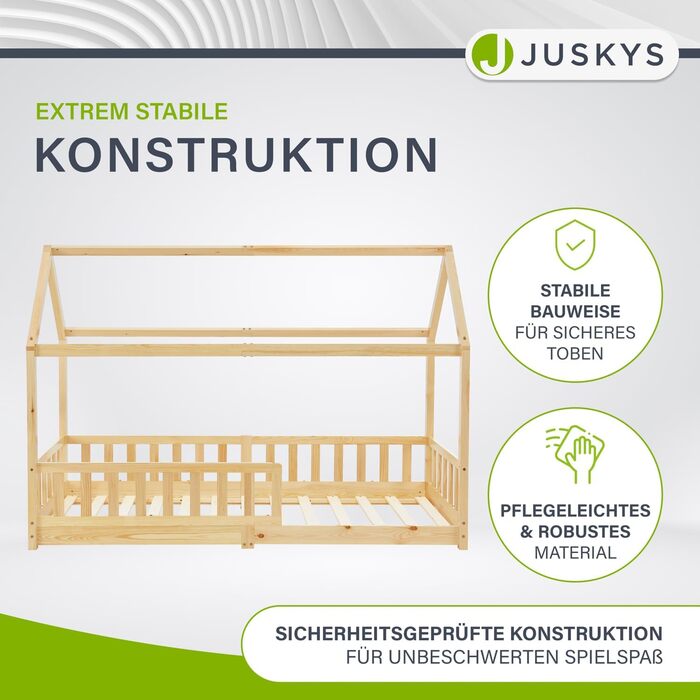 Дитяче ліжко Juskys Marli 90 x 200 см із захистом від падіння, рейковою основою та дахом - Ліжко-будиночок з масиву дерева для дітей - Ліжко натурального коричневого кольору