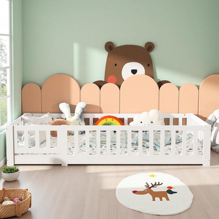 Підлогове ліжко 90x200 см дитяче ліжко із захистом від падіння та рейковою основою, дитяче ліжко Монтессорі, масив сосни, білий (Білий, 90 x 200 см) Білий 90 x 200 см