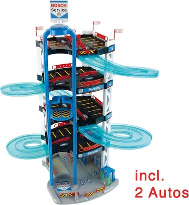 З 5 рівнями, подвійною рампою для виїзду, 2 гоночними автомобілями, ліфтом і багато іншого I Розміри 55 см x 55 см x 85 см I Іграш