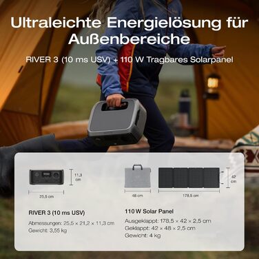 Портативна електростанція ECOFLOW RIVER 3 із сонячною панеллю 110 Вт, акумулятором LFP 245 Втгод, вихідною потужністю до 600 Вт, GaN вдвічі збільшує час роботи, ДБЖ &lt10 мс, на 30 компактніший сонячний генератор для кемпінгу на свіжому повітрі River3UPSс