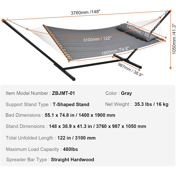 Гамак VEVOR на 2 особи, вантажопідйомність 207 кг, двомісний гамак зі сталевою підставкою 3,66 м і портативною сумкою для перенесення та подушкою Окремо стоячий гамак для відкритого патіо Garden Beach Pure - Grey
