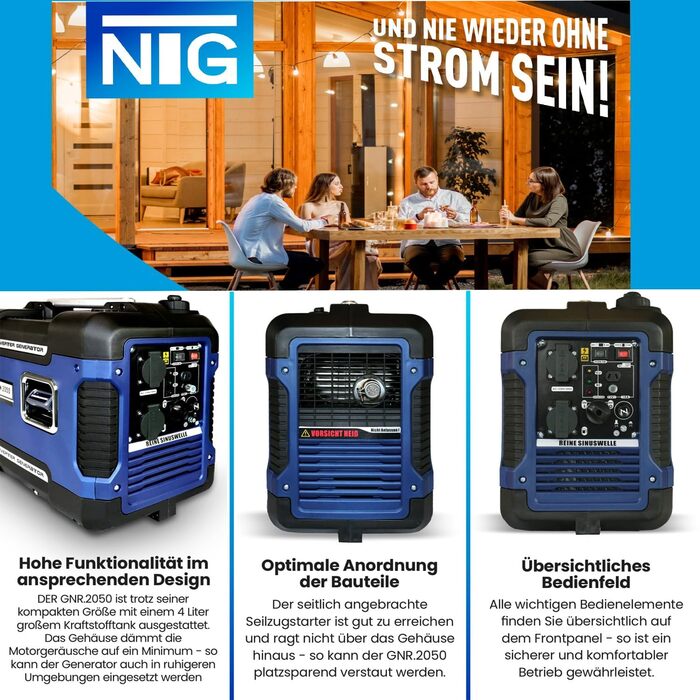 Інверторний електрогенератор GNR.2050 тихий лише 59 дБ(А) об'єм бака 4 л l 4-тактний двигун l бензиновий l з ручкою для перенесенн