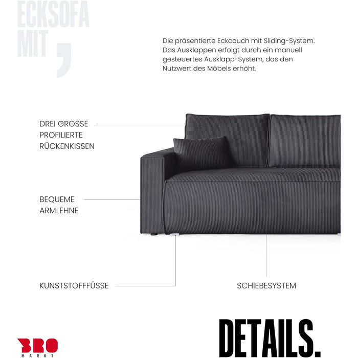 Диван з функцією сну, диван L, засіб для чищення оббивки, диван-ліжко з місцем для зберігання, розкладний диван для вітальні, окремостоячий диван, диван Havana Relax, 3-місний, 270x173x80 см, сірий