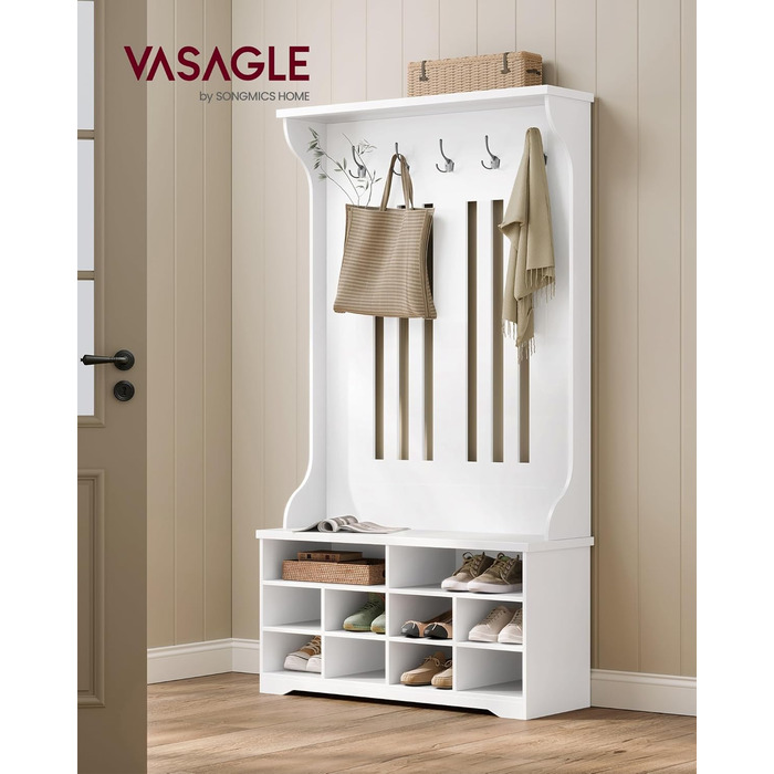 Вішалка для верхнього одягу VASAGLE з лавкою для взуття, шафа, місце для зберігання взуття, 5 потрійних гачків, окремостояча, компактна, для вхідної зони, коридору, регульовані полиці, хмарно-білий HSR404T10