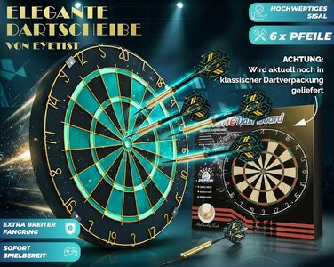 Професійна сизалева мішень для дротиків, бірюзового кольору із золотим кільцем з номером та стрілками - Професійна сталева мішень для дротиків - Мішень для дротиків з 6 металевими наконечниками, золотими стволами для дротиків та держаками