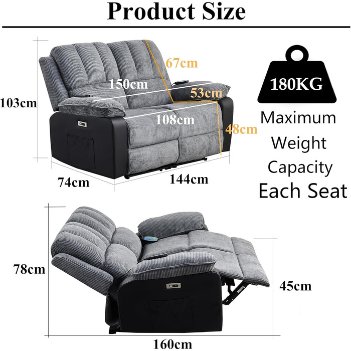 Електричний диван LSLIFE з функцією масажу та підігріву, масажний диван, крісло, лінивий реклайнер для людей похилого віку, ергономічний диван для відпочинку (синій, 2 особи)