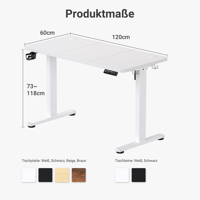 Стіл з регульованою висотою та портом зарядки USB-C, 120 x 60 см, функція пам&39яті. Міцний стіл з електричним регулюванням висоти, стіл для роботи сидячи та стоячи, регульований комп&39ютерний стіл, білий, 120 x 60 см.