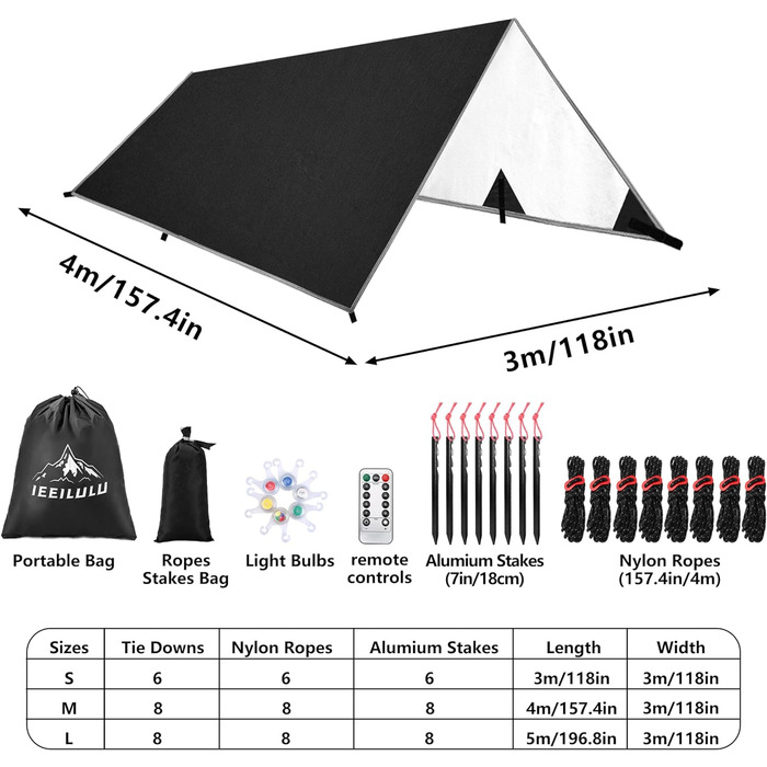 Брезент для кемпінгу IEEILULU, брезентовий багатофункціональний тент 3х3м з люверсами, 6 кілочками і 6 мотузками, кемпінговий намет ультралегкий для гамака для активного відпочинку на природі походи пікнік подорожі 3*5м чорний
