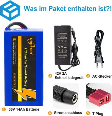 Літієва батарея для електровелосипеда 36V 48V, акумулятор для електричного велосипеда, акумулятор для електричного велосипеда 10AH 14AH 20AH із зарядним пристроєм 2A для двигуна електричного велосипеда та скутера потужністю 0-1000 Вт 36V 14AH