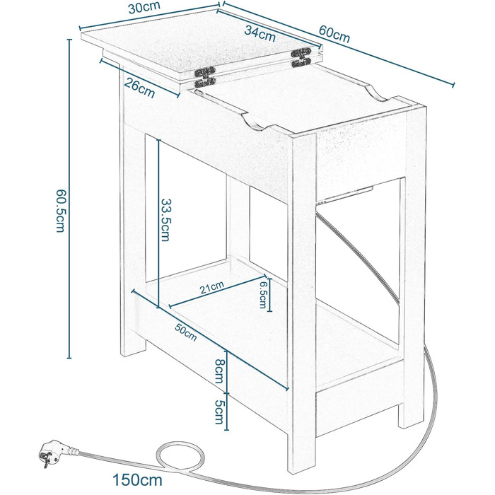 Приставний столик EUGAD, тумбочка з розеткою, столик для дивана, журнальний столик, маленький столик, консольний столик, розкладна стільниця, 3 полиці, для вітальні, спальні, кухні, білий, 0001CHJ