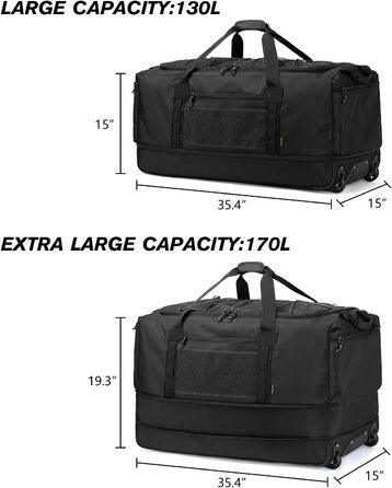 Складна дорожня сумка на колесах Large XXL 130-170L Розширювана сумка для ручної поклажі на вихідні з колесами Чоловіки Жінки Сумка на колесах з додатковим об'ємом для кемпінгу 36''/90см, чорна