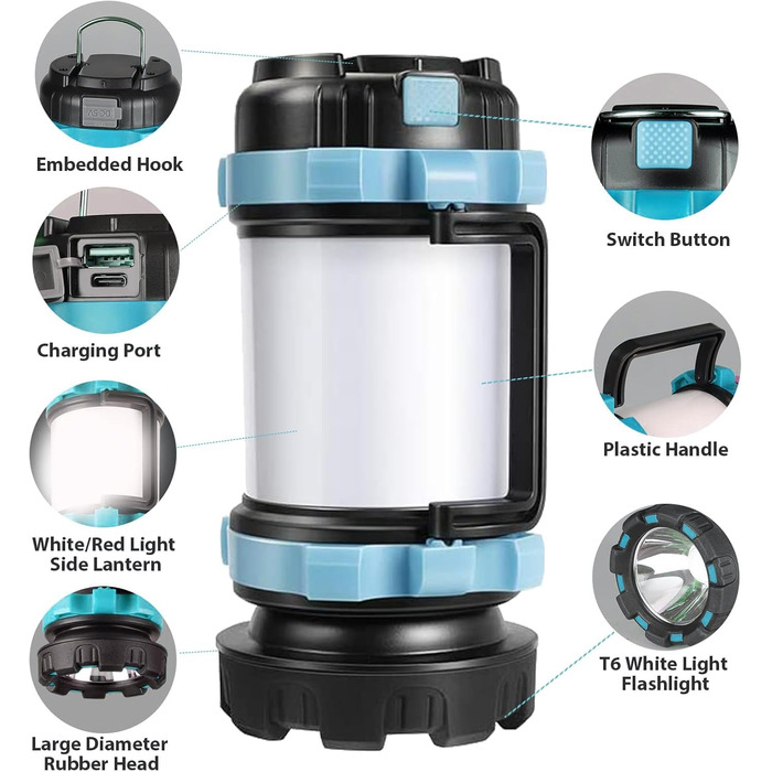 Акумуляторний світлодіодний кемпінговий ліхтар, суперяскраві портативні кемпінгові ліхтарі з гачком, регульована яскравість, кемпінговий ліхтар USB-C для походів, використання на свіжому повітрі, надзвичайних ситуацій, відключення електроенергії ()