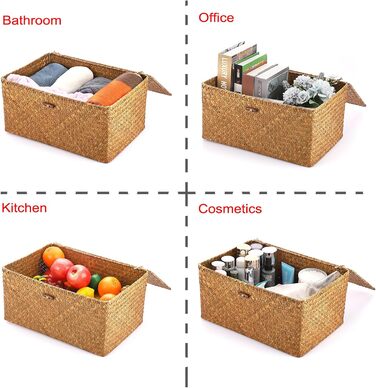 Кошик для зберігання морської трави IGNPION з кришкою, плетений настільний кошик з лози, прямокутний органайзер для зберігання у ванній кімнаті, декоративний кошик під полицею для вітальні, багатоцільовий кошик для зберігання (XL, 40x28x19 см, карамельний